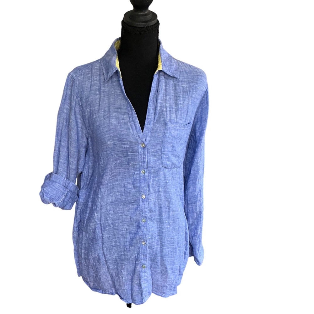 Sigrid Olsen Blue 100% Linen Button Down Shirt Long Sleeve Blouse Small Preppy